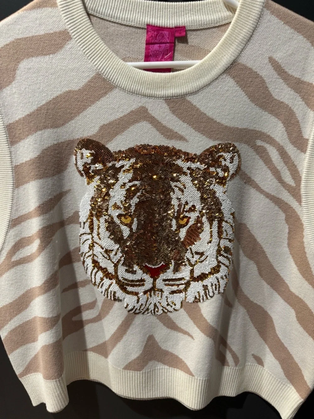 QUEEN OF SPARKLES Cream and Tan Tiger Sequin Knit Tank - Picture 8 of 9